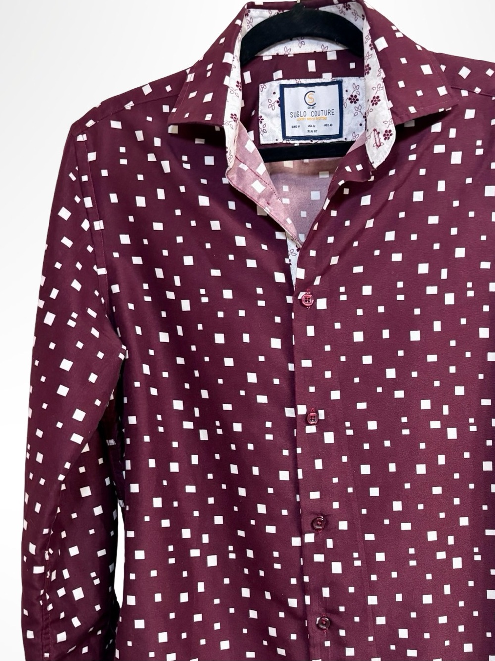 Suslo Couture Burgundy Square Print Slim Fit Shirt M - Picture 6 of 13